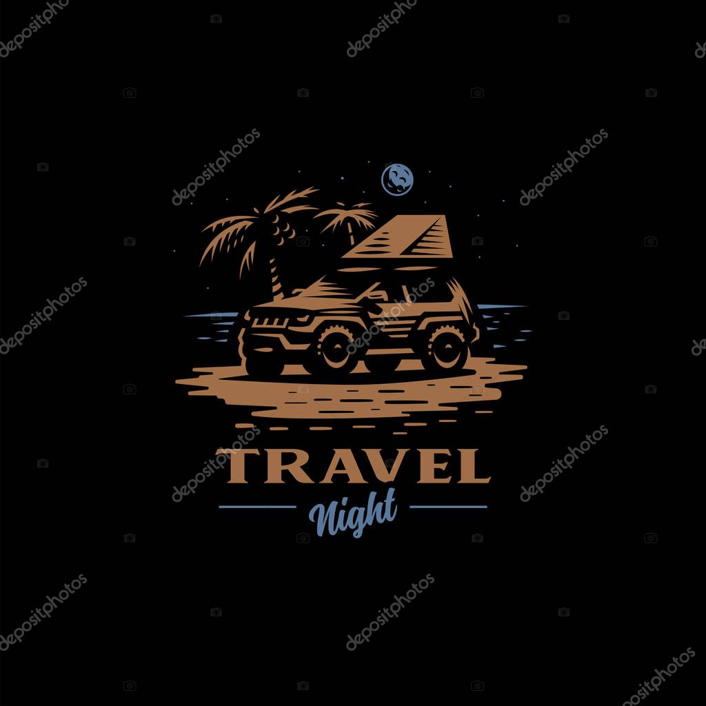 Off-road car stands on the night beach. Tent on the roof. The moon is shining, near palm trees.