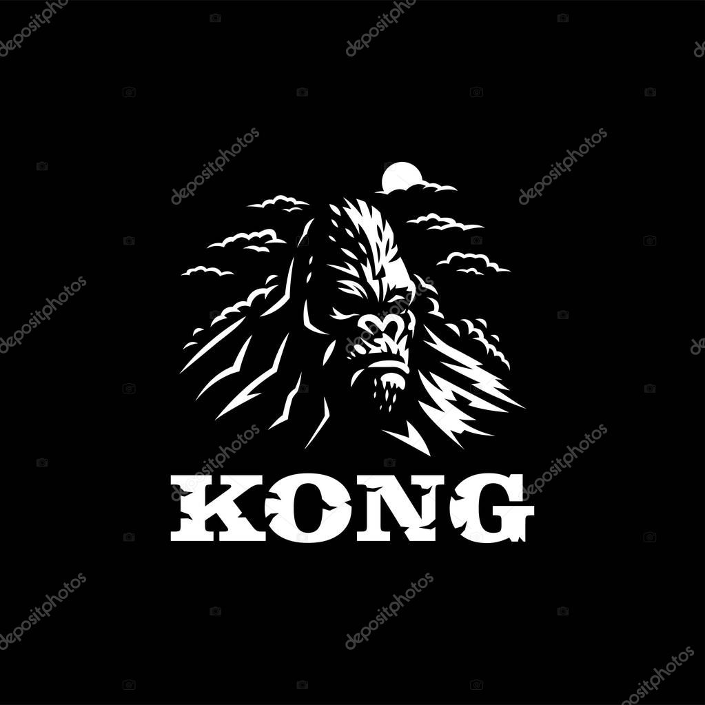 Gorilla in the form of an island. Gorilla head, clouds, mountain, island. Vector illustration.