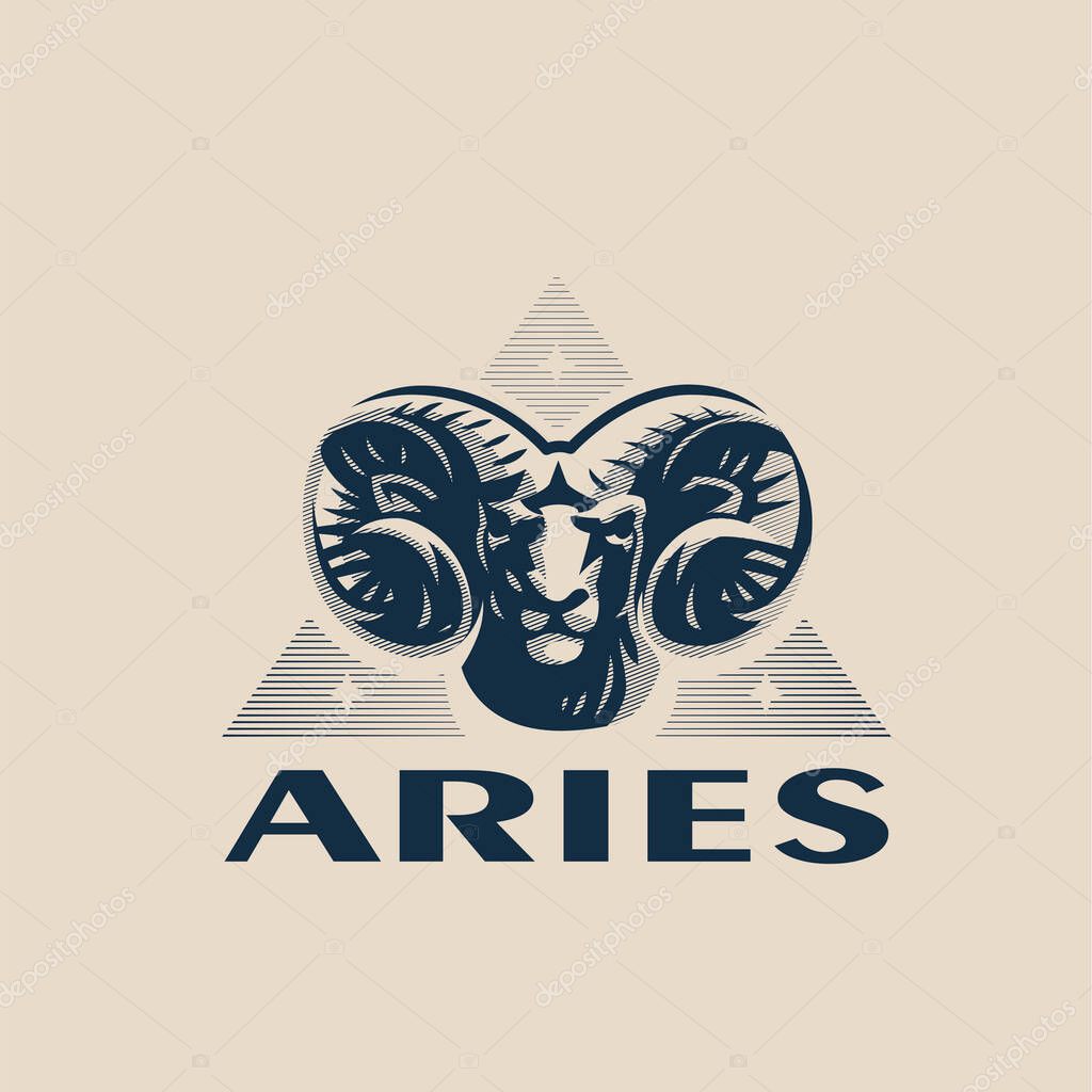 The head of a ram or Aries. Swirling horns, looking gloomy. Back triangle with stars. Zodiac sign.