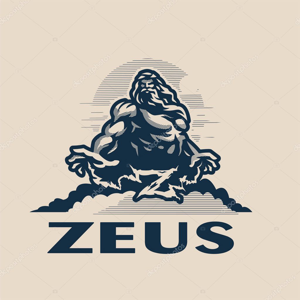 Zeus god on a mountain among the clouds, against the sky. Muscular man with a beard and long hair. Lightning comes from the hands, which form the letter Z.