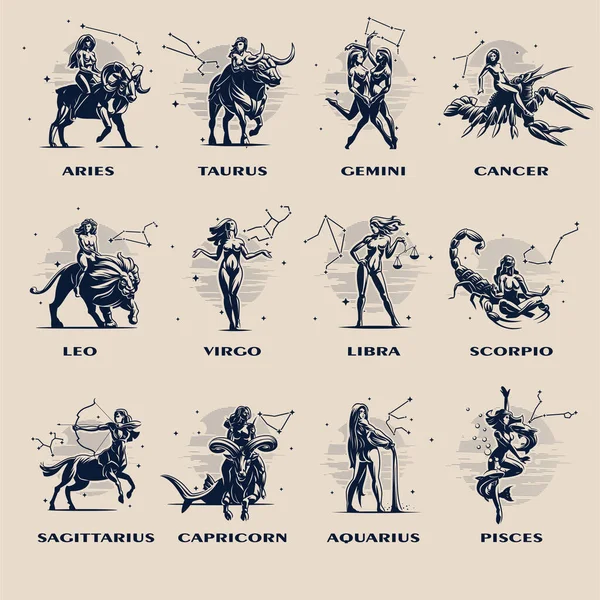 En samling av alla zodiaktecken. — Stock vektor
