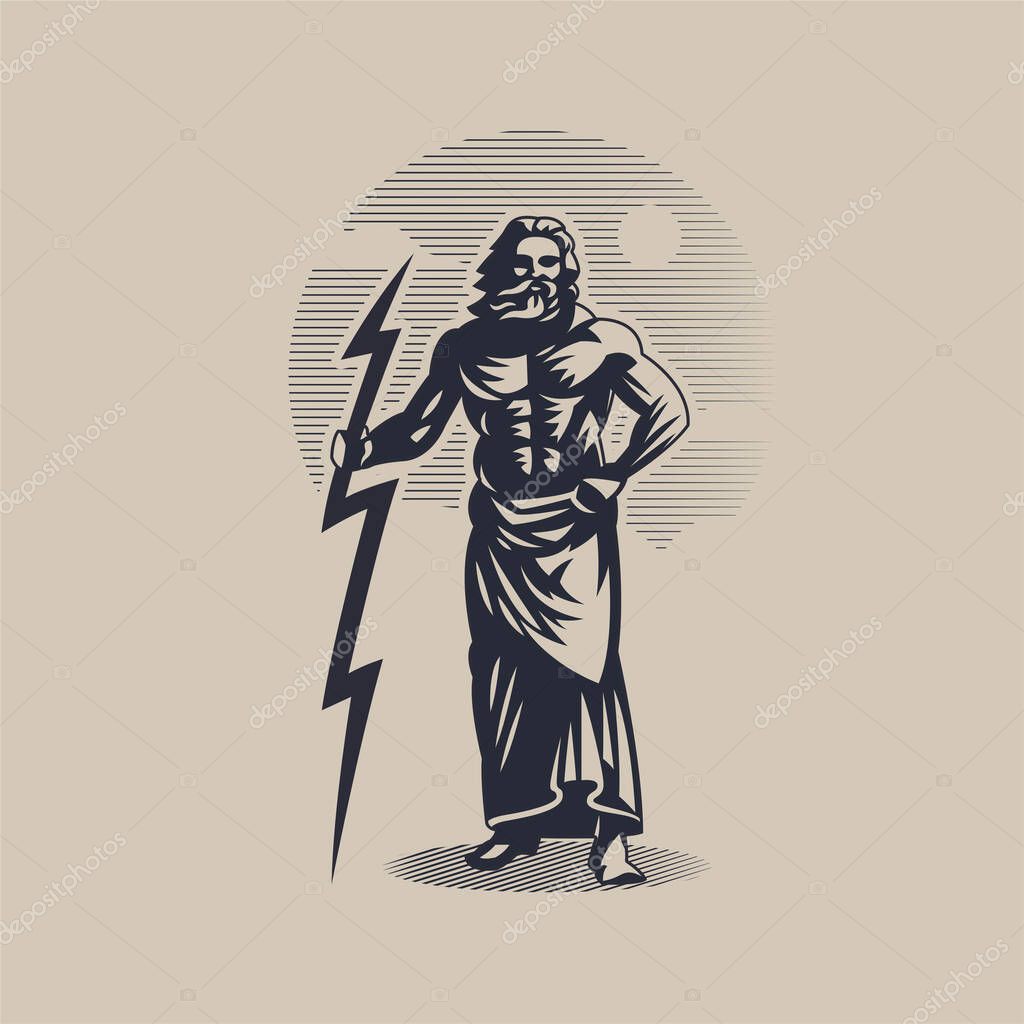 God Zeus or Jupiter. A man with a beard in a tunic. Lightning in hand.