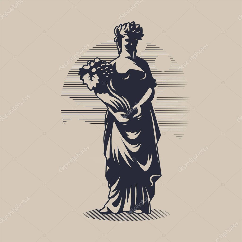 Goddess Demeter or Ceres. Woman in tunic and wreath. In the hands of a bouquet of harvest