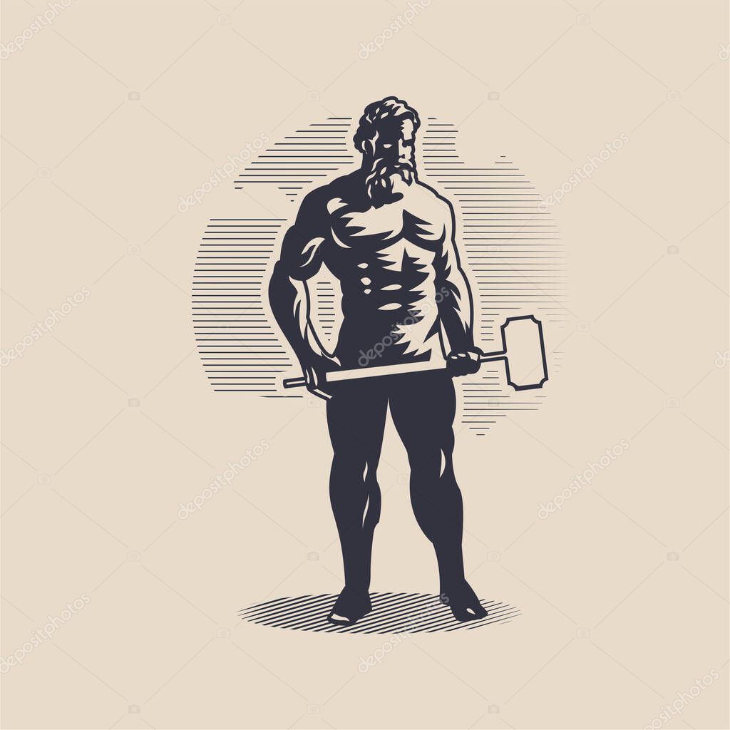God Hephaestus or Vulcan. A muscular man holds a large hammer in his hand.