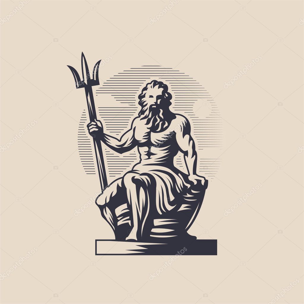 God Poseidon or Neptune. A man with a beard sits and holds a trident in his hand.