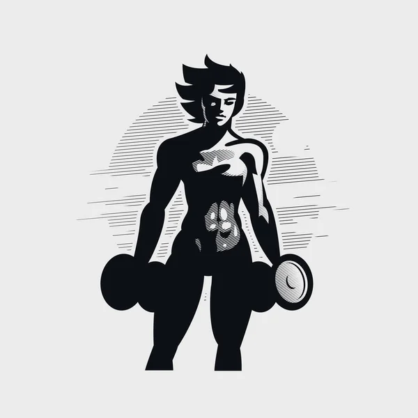 Fitness Woman Stands with two dumbbells in hand — Stock Vector