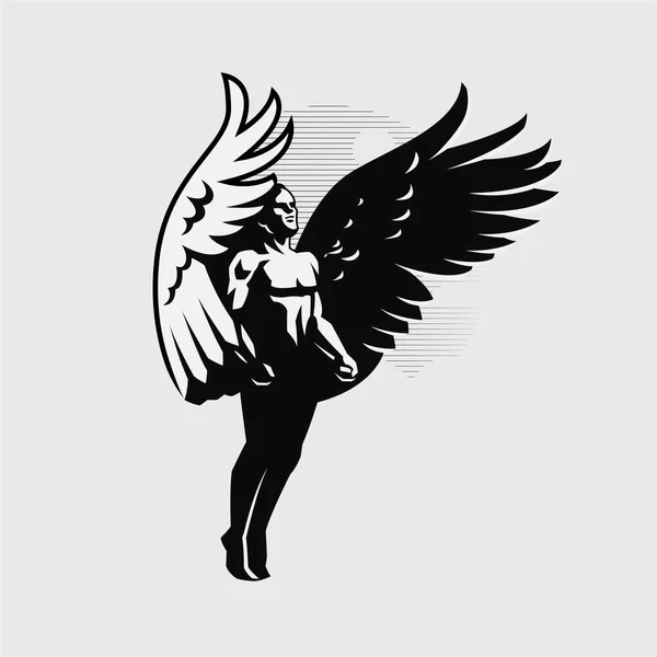 Un ángel macho aletea grandes alas — Vector de stock