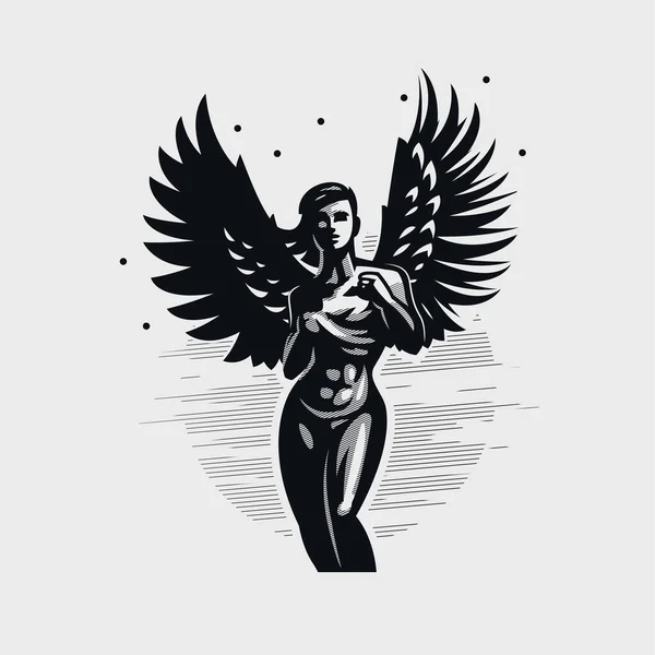 Anioł kobieta pokazuje jego mięśnie brzucha. — Wektor stockowy