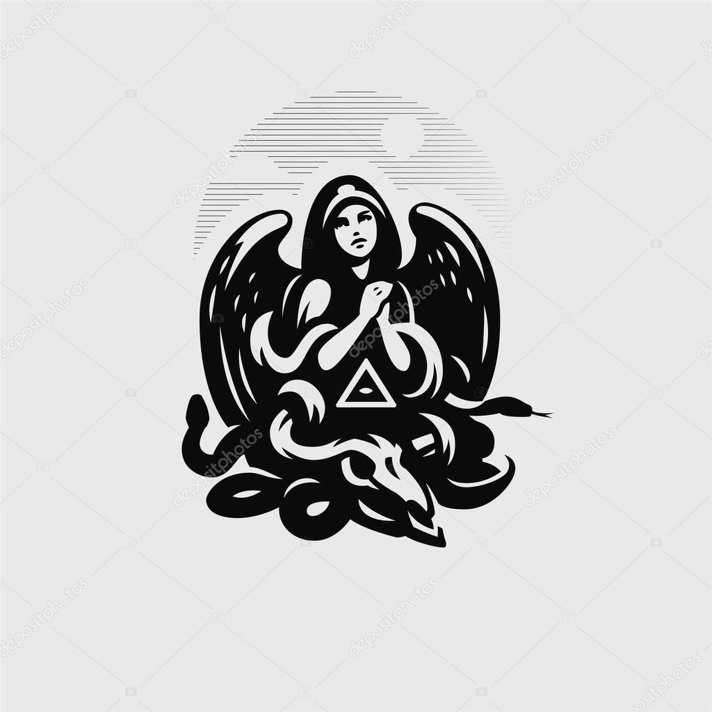 Woman angel in a hood and with wings prays. Below her is the skull of a horned animal, a snake and an all-seeing eye in a triangle. Vector logo.