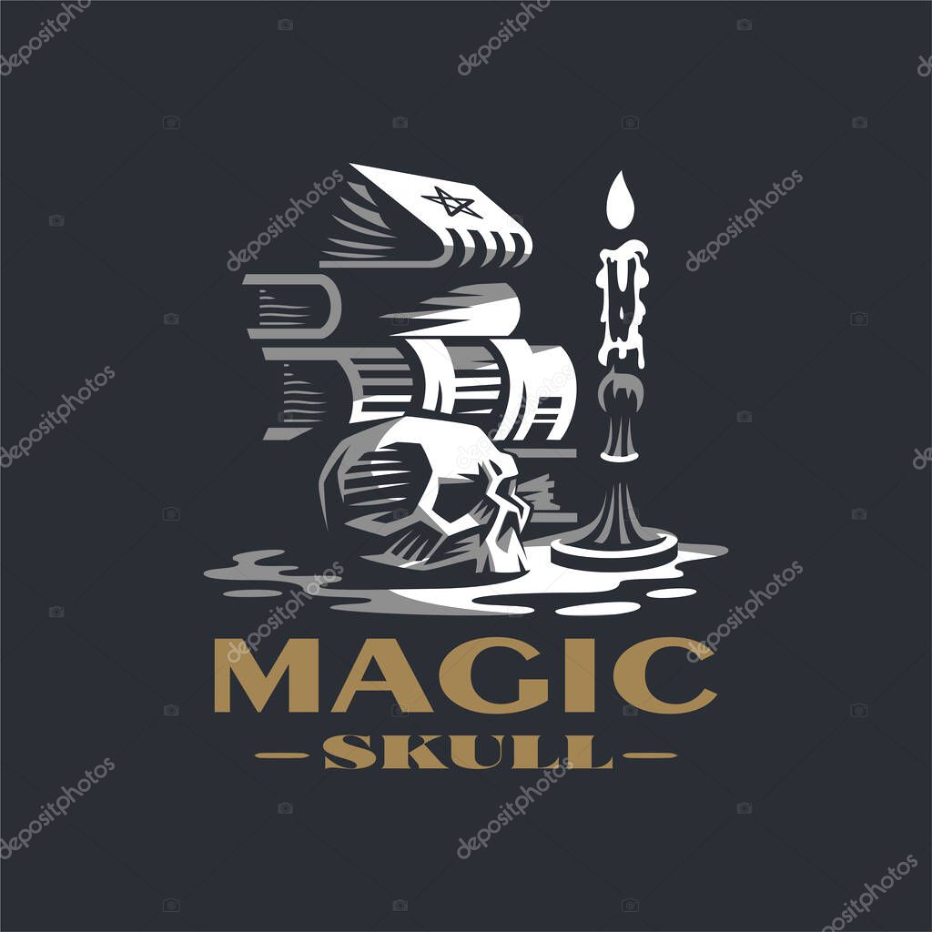The human skull lies on the table. Nearby is a pile of books and a burning candle. Vintage vector illustration.