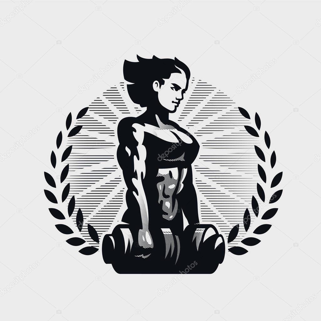 Muscular woman looks forward and holds two dumbbells. Vector emblem.