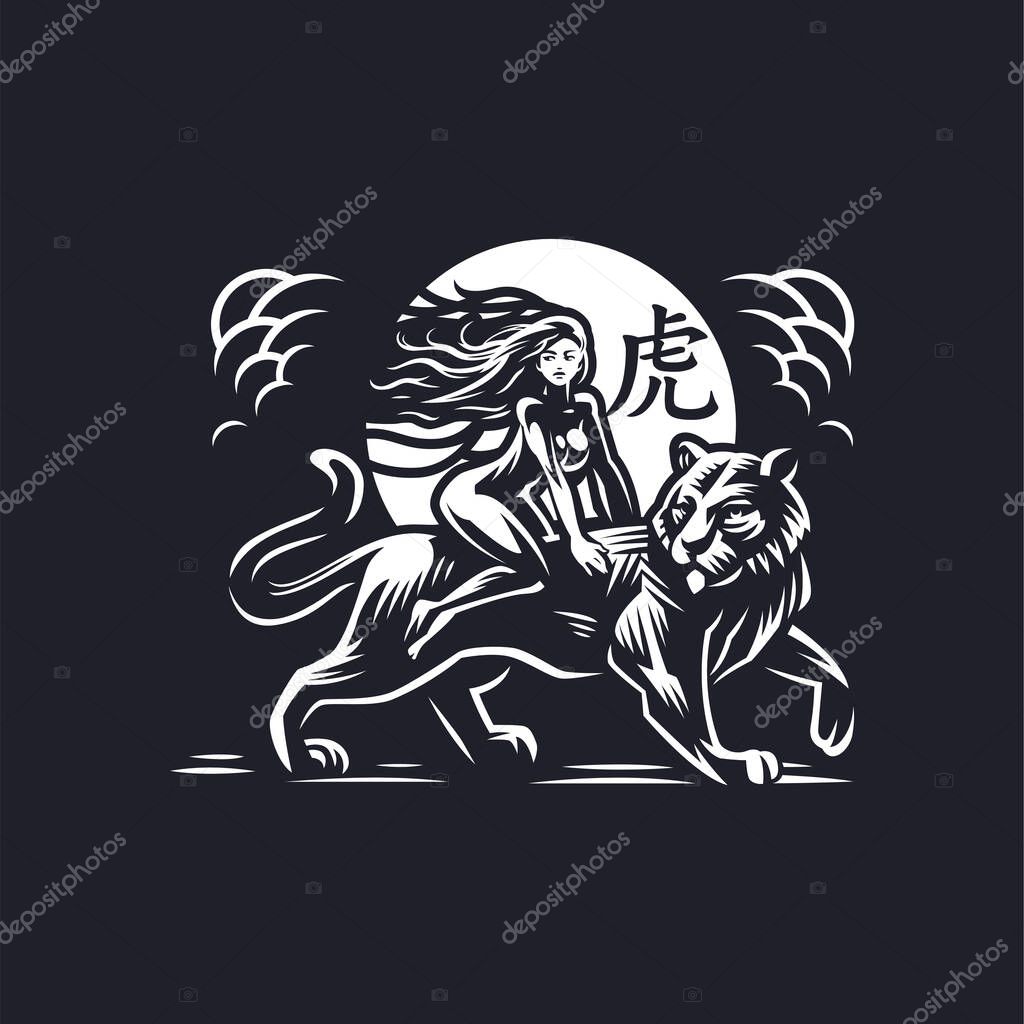 A woman is riding a tiger. Rider, the tiger is coming. The woman's hair flutters. Chinese calendar