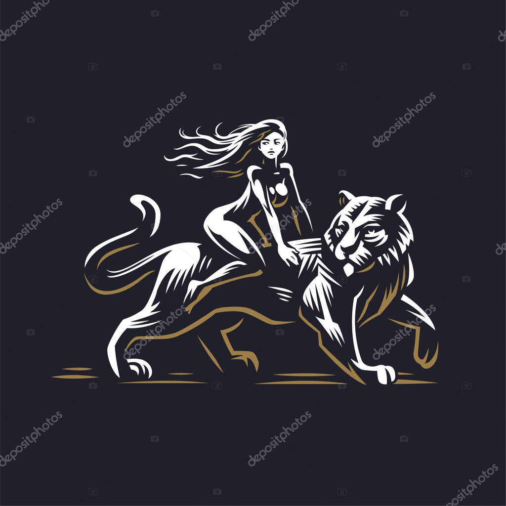 A woman is riding a tiger. Rider, the tiger is coming. The woman's hair flutters. Chinese calendar