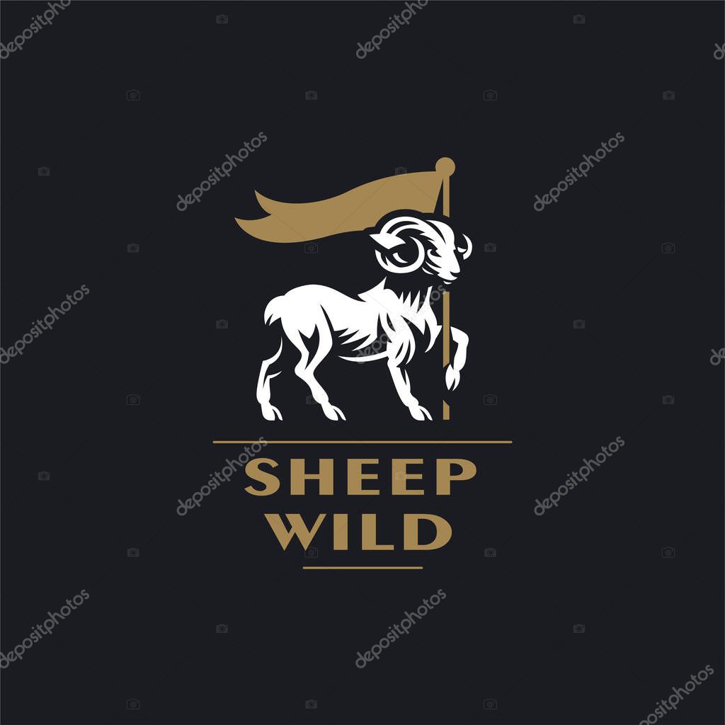 A ram holds a flag with a hoof. Vector illustration. Logo