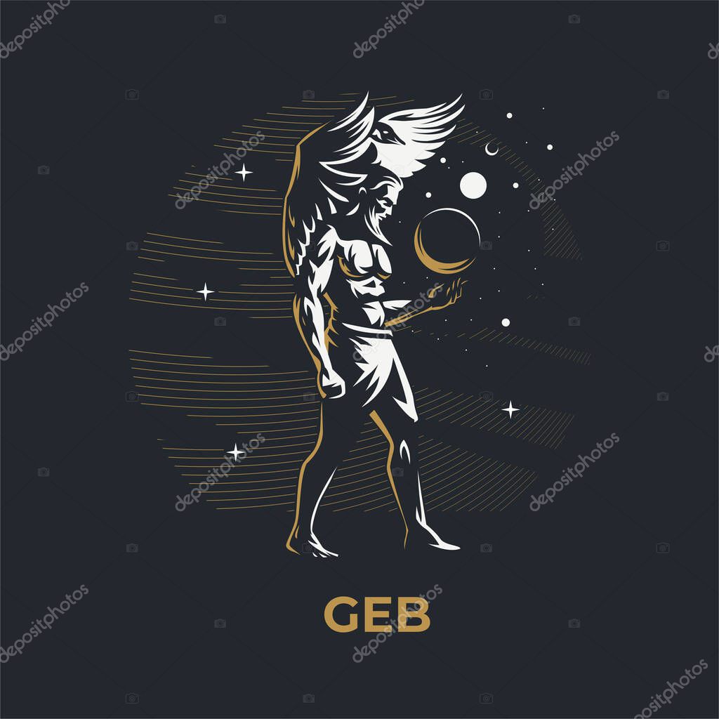 Egyptian god Geb. The man holds the planets in his hands. Behind him is a swan or a goose. Ankh. Vector illustration.