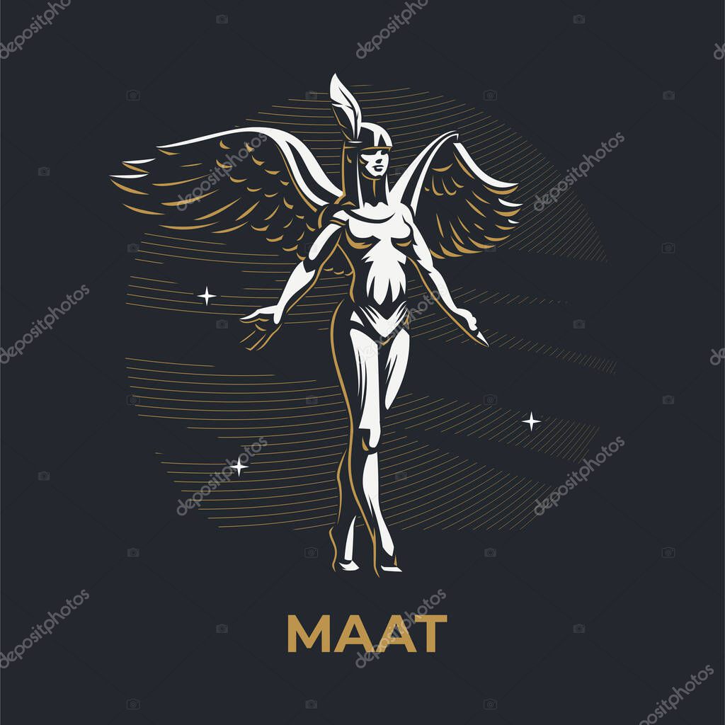 Egyptian goddess Maat. Angel woman with wings. Feather in hair.