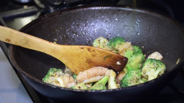 Cottura Calamari Wok Cucina Cibo — Video Stock