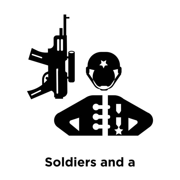Солдаты и вектор иконки оружия изолированы на белом фоне, концепция логотипа солдат и знак оружия на прозрачном фоне, заполненный черный символ
