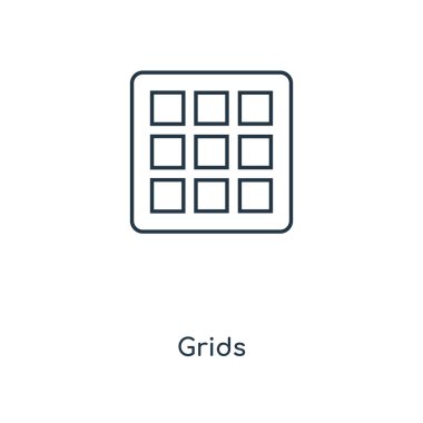 modaya uygun bir tasarım tarzı ızgaralar simgesi. Beyaz arka plan üzerinde izole ızgaralar simgesi. Izgaralar vektör simgesi basit ve modern düz UI uygulaması, web sitesi, mobil, logo, sembol. Izgaralar simge vektör çizim, Eps10.