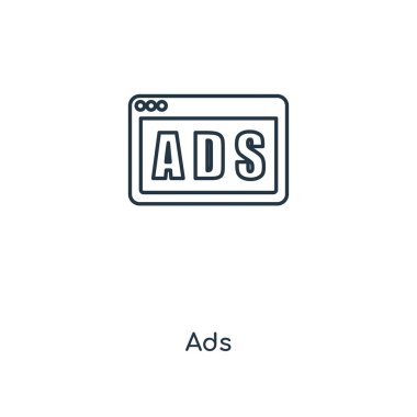 modaya uygun bir tasarım tarzı reklamlar simgesi. Beyaz arka plan üzerinde izole reklamlar simgesi. reklamlar simgesi basit vektör ve modern düz UI uygulaması, web sitesi, mobil, logo, sembol. reklamlar simge vektör çizim, Eps10.