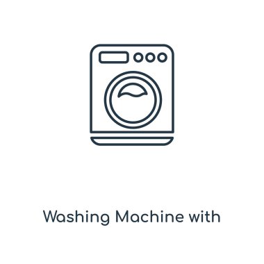 Nokta kavramı satırı simgesi ile çamaşır makinesi. Nokta kavramı anahat simgesi tasarım ile doğrusal çamaşır makinesi. Bu basit öğe resimde web ve mobil UI/Ux için kullanılabilir.