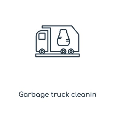 Çöp kamyonu kavramı satırı simgesi cleanin. Doğrusal çöp kamyonu kavramı anahat simgesi tasarım cleanin. Bu basit öğe resimde web ve mobil UI/Ux için kullanılabilir.