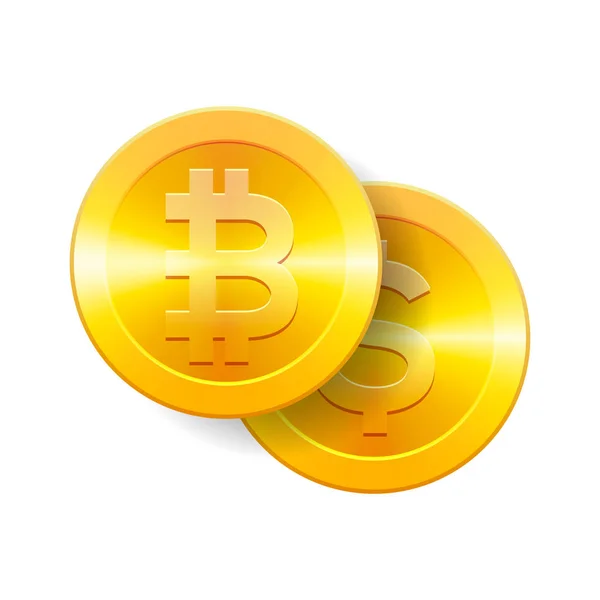 Bitcoin att dollarn valutaväxling. Bitcoin. Dollarmyntet. Kryptovaluta. Guldmynt med Bitcoin och Dollar symbol, vektorillustration. — Stock vektor