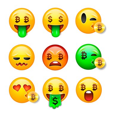 Bitcoin gülen emoji ayarla, yüz, 3d, gülümseyen ifade vektör çizim.