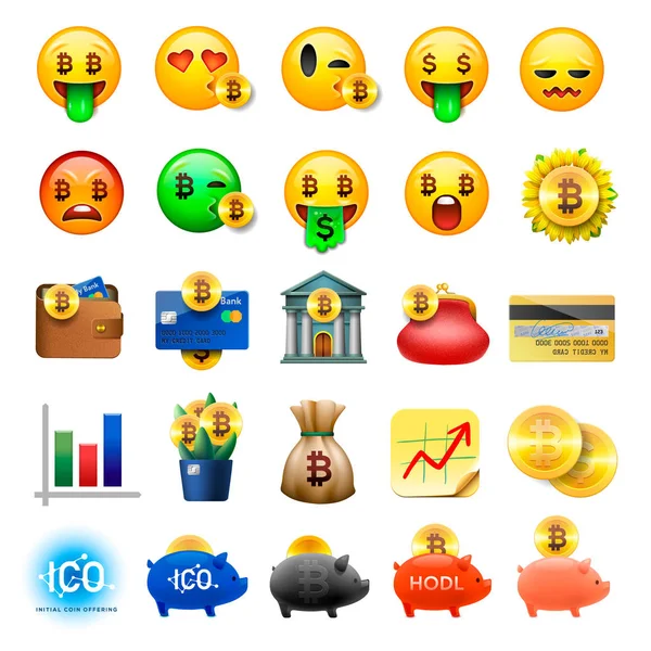 Uppsättning av söt smiley emoticons, emoji design, bicoin, business, krypto valuta ikoner, vektor ilustration. — Stock vektor