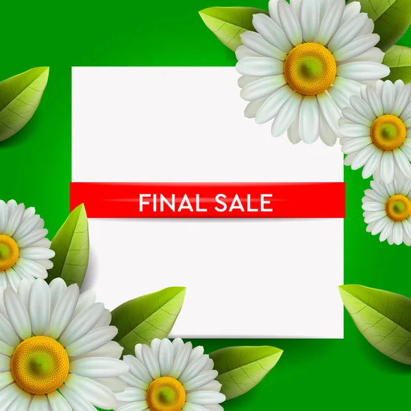 Vente finale d'été lettrage et bouquet marguerite réaliste, fleurs de camomille sur fond vert, achats en ligne, magasin, affiche publicitaire, illustration vectorielle . — Image vectorielle