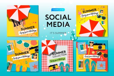 Sosyal medya şablonları yaz saati, kullanmak için markalar ve blogger, modern promosyon web banner için sosyal medya mobil apps, vektör çizim.
