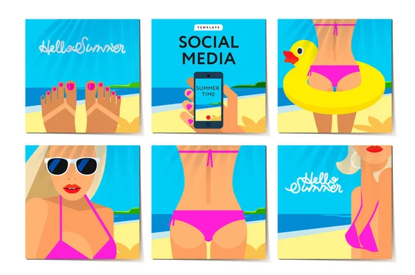 Media sosial Templat: Summer Time, liburan dan liburan di pantai. Spanduk web promosi modern bagi aplikasi media sosial mobile, ilustrasi vektor dalam gaya datar . - Stok Vektor