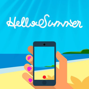 Yaz tatil şablonu, akıllı telefon ellerini tutun yapmak ve fotoğraf veya resim Beach, vektör çizim.