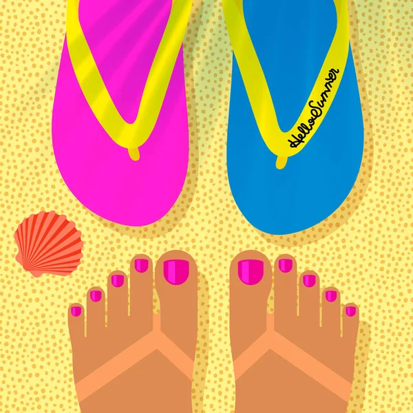 Summer vacation template with tanned woman s feet on the beach and flip flops, top view, vector illustration. — Stock Vector