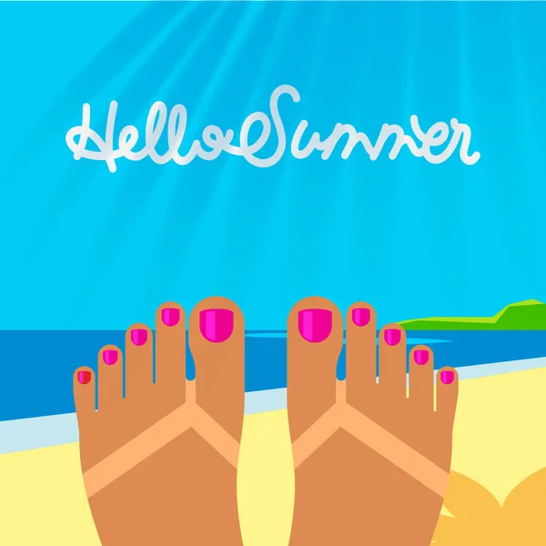 Modello di vacanza estiva con i piedi della donna abbronzata sulla spiaggia, illustrazione vettoriale . — Vettoriale Stock
