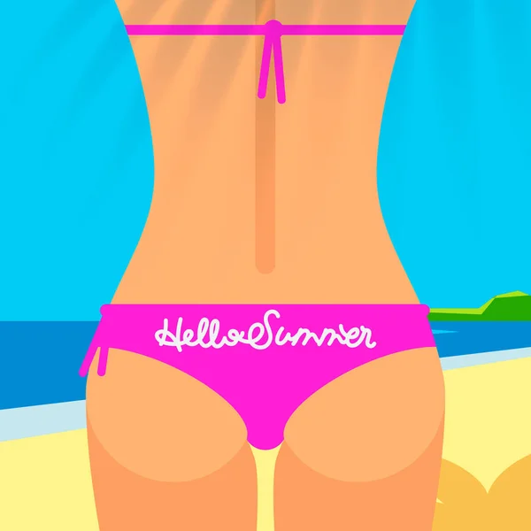 Primer plano de culo femenino sexy en bikini rosa, cartel de Hello Summer, ilustración vectorial . — Archivo Imágenes Vectoriales