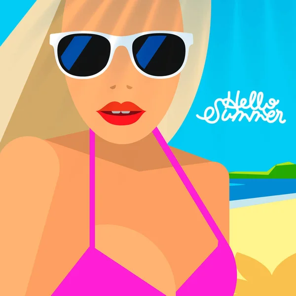 Hello Summer poster, portrait of hot girl on a beach in pink bikini and sunglasses, vector illustration — Stock Vector