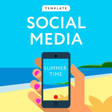 Sosyal medya şablon, akıllı telefon eller olun tutun ve fotoğraf veya resim Beach, vektör çizim