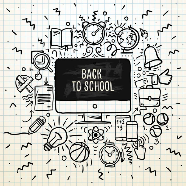 Back to school poster, sketchy notebook doodles with lettering, vector illustration. — Stock Vector