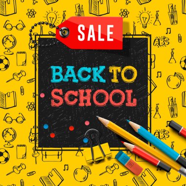 Okul Satılık poster ve afiş renkli başlık ve perakende pazarlama promosyon için siyah ve sarı arka plan öğelerle birlikte geri ve eğitim ile ilgili, vektör çizim.