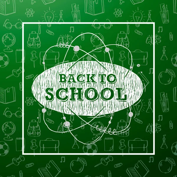 Banner de regreso a la escuela con la textura de iconos de arte de línea de la educación, objetos de ciencia y suministros de oficina en el fondo verde — Vector de stock