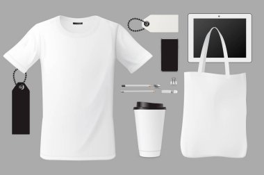 Marka kimliğini şablon seti iş markalaşma şirket mockup tasarım, t-shirt, çanta, kahve fincanı, Etiketler, kalem, kart, dokunmatik ekran cihaz, illüstrasyon izole arka plan üzerinde vektör