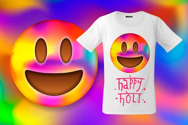 Happy Holi, emoticono sonriente colorido, cara de emoji, diseño de camiseta, uso de impresión moderna para sudaderas, recuerdos y otros usos, ilustración vectorial . — Archivo Imágenes Vectoriales