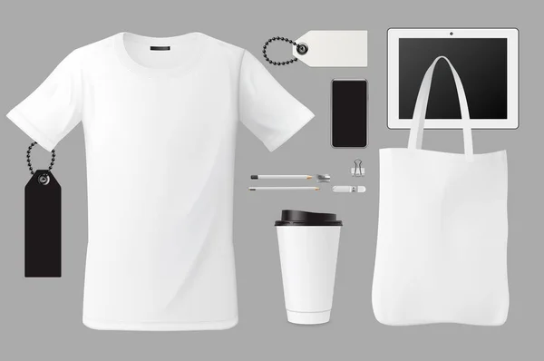 Marka kimliğini şablon seti iş markalaşma şirket mockup tasarım, t-shirt, çanta, kahve fincanı, Etiketler, kalem, kart, dokunmatik ekran cihaz, illüstrasyon izole arka plan üzerinde vektör — Stok Vektör