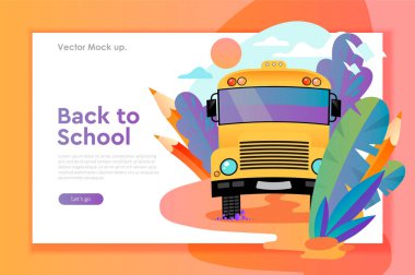 Geri okul web tasarım şablonu'na sarı okul otobüsü ile. Mockup internet eğitim, eğitim, çalışma, vektör çizim için.