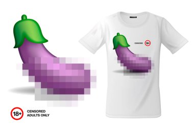Cep telefonları için vektör çizim modern t-shirt baskı tasarımı ile patlıcan emoji, sansür, sembol yetişkin sadece 18 ifade, tişörtü ve Hatıra Eşyası, kullanıma kapalı durumda