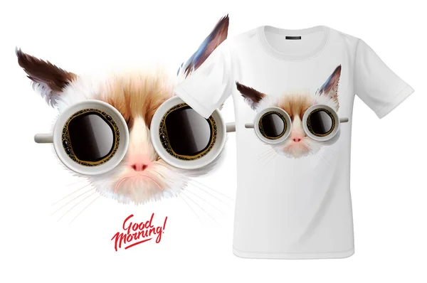 Moderna t-shirt tryck design med roliga katt med koppar kaffe Glasögon, användning för tröjor och souvenirer, fodral för mobil telefoner, vektorillustration. — Stock vektor