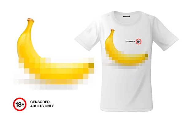 Nowoczesny design wydruku t-shirt z banana emoji, ZAMKNIĘTA przez cenzurę, symbol dla dorosłych tylko 18 emotikon, bluzy i sklep z pamiątkami, przypadkach dla telefonów komórkowych, ilustracji wektorowych. — Wektor stockowy