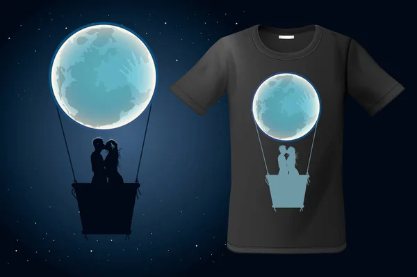 Mond-Heißluftballon mit zwei sich küssenden Menschen, T-Shirt-Design, moderne Druckverwendung für Sweatshirts, Souvenirs und andere Anwendungen, Vektorillustration. — Stockvektor