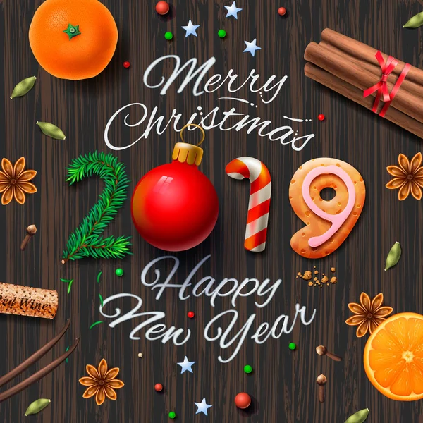 Vrolijk kerstfeest, gelukkig Nieuwjaar 2019, vintage achtergrond met typografie en kruiden voor Kerstmis drinken Glühwein, vectorillustratie. — Stockvector
